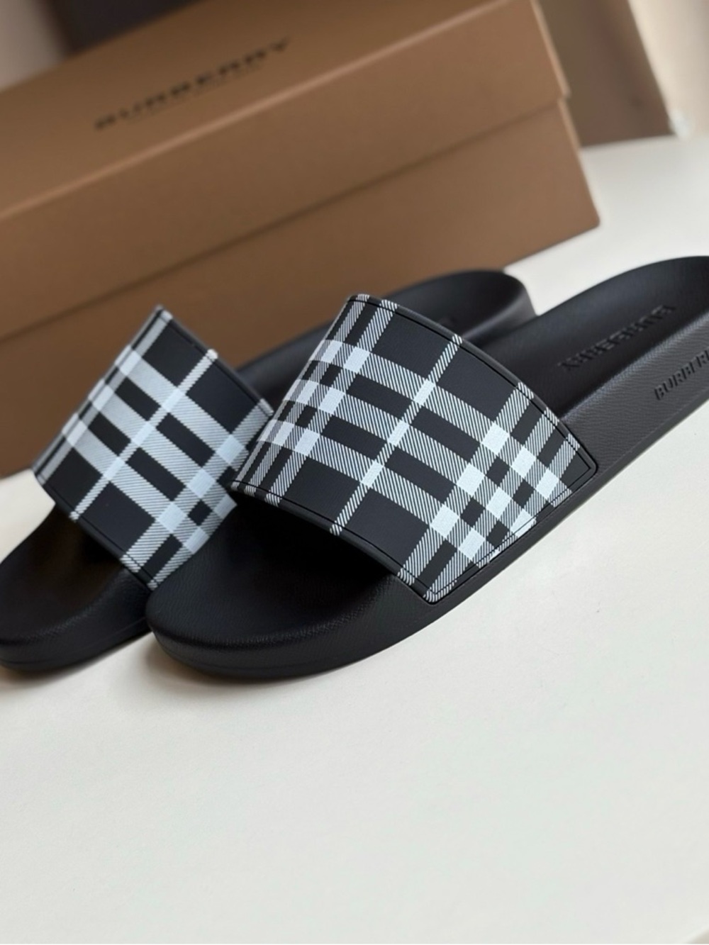 Burberry Black & White Plaid Slide Sandals for Men